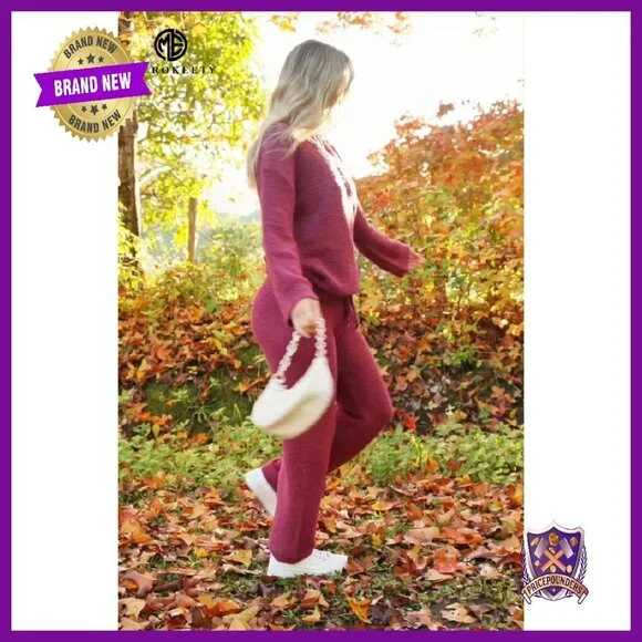 Fuzzy Fleece Loungewear Set V-Neck Sweater Wide Leg Pants Winter - Picture 8 of 8